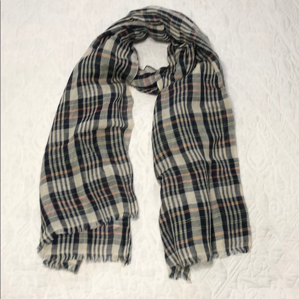 J Crew Navy & Cream Plaid Linen Blend Scarf NWT